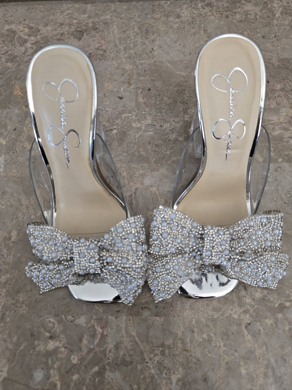 Jessica Simpson Saidah Pearl/ Rhinestone Bow Clear Dress Slide Sandals . Size 5 - Picture 8 of 10